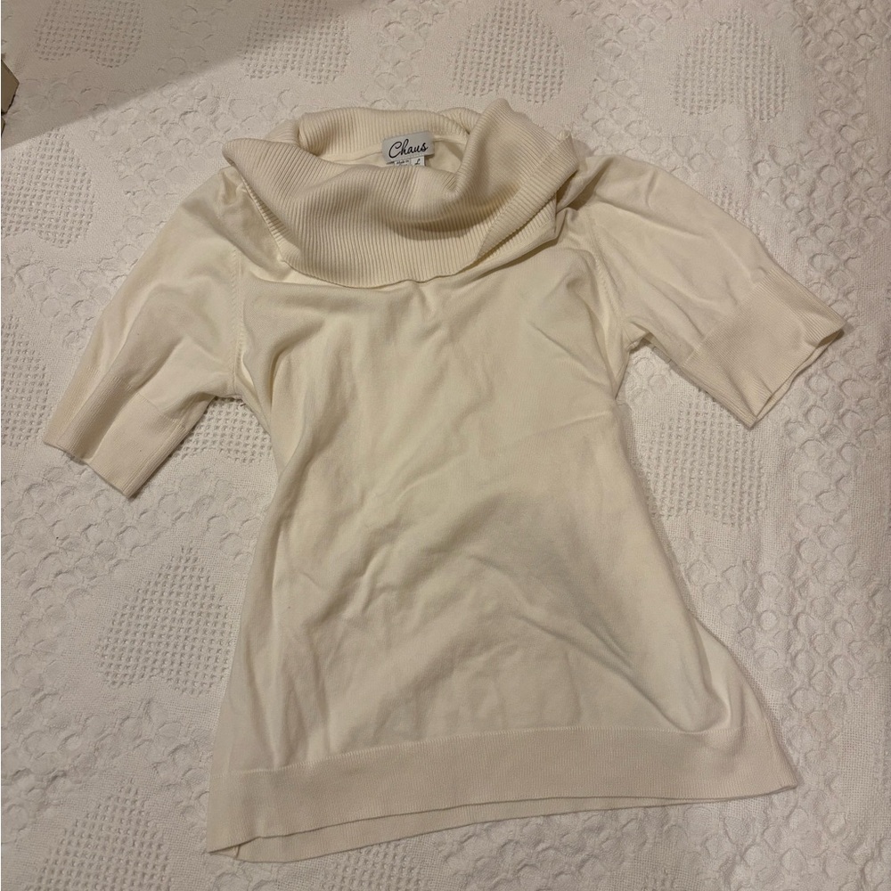 Chaus Ivory White Cowl Neck Short Sleeve Sweater Women Size Large